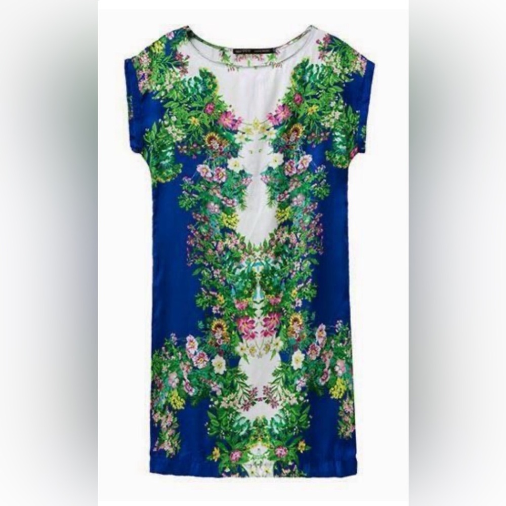 Zara Women Blue Floral-Print Silk-Style Cap-Sleeve Mini Tunic Dress - Small - Picture 2 of 8